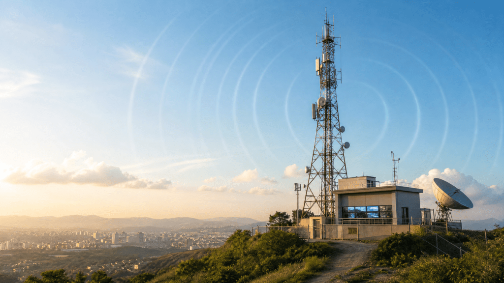Torre de retransmissão de TV digital com antenas e cidade ao fundo