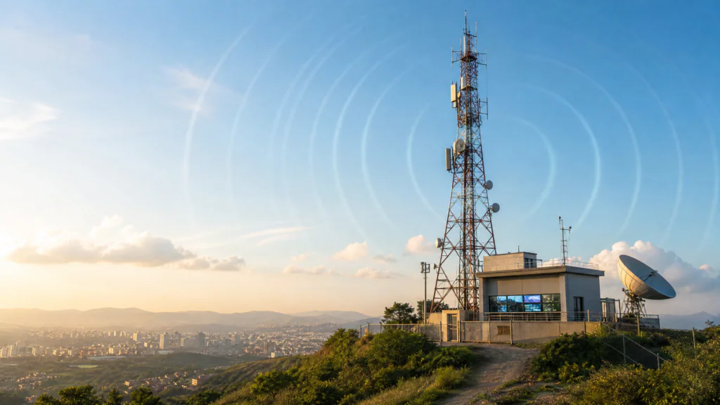 Torre de retransmissão de TV digital com antenas e cidade ao fundo